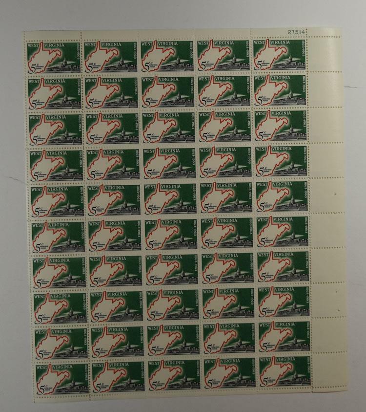 US SCOTT 1232 PANE OF 50 WEST VIRGINIA CENTENNIAL STAMPS 5 CENT FACE MNH