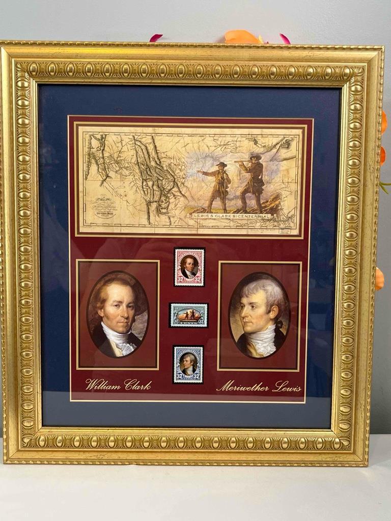 New in Frame LEWIS & CLARK Expedition Map & 3 Uncirculated United States Stamps