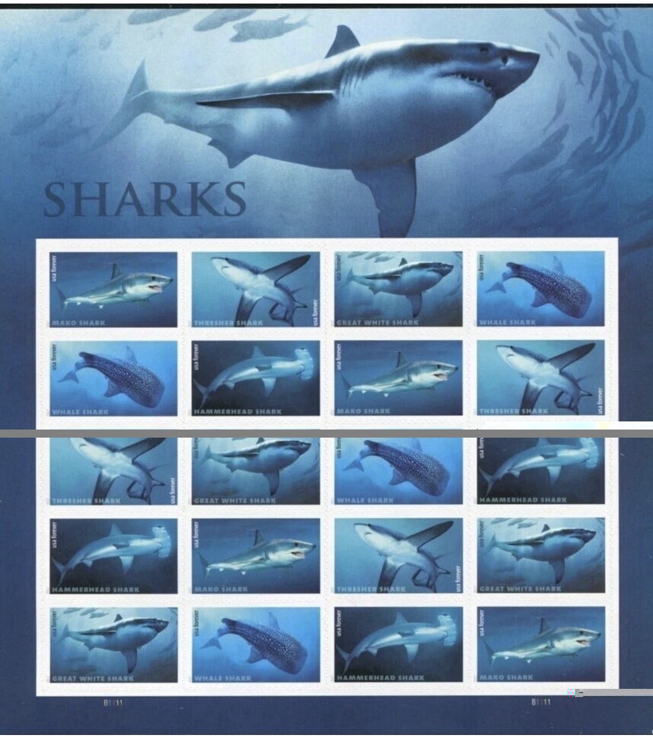2 Sheets Of 20 US Forever Shark Stamps, Unused.