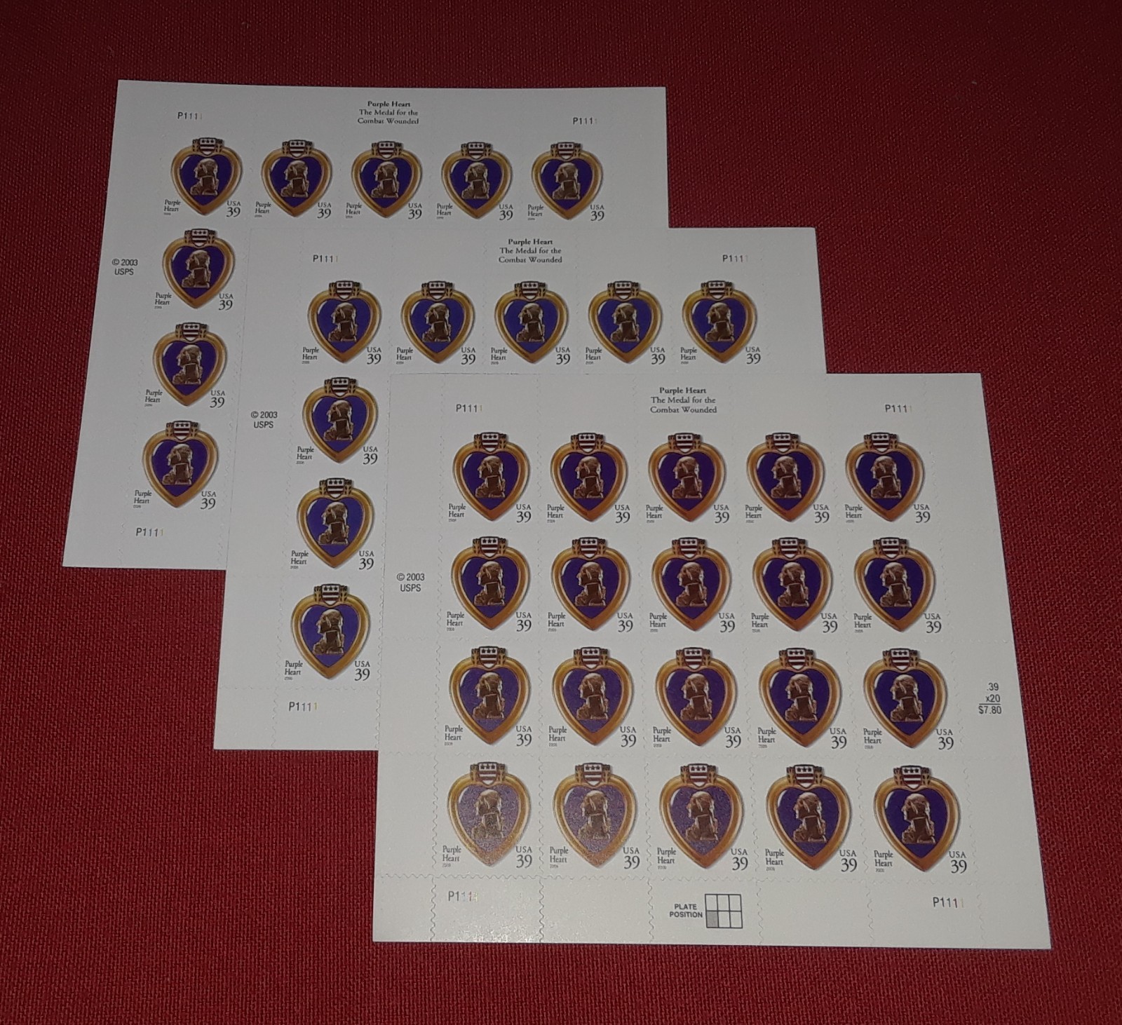 Three Sheets x 20 = 60 of Purple Hearts 39¢ US Postage Stamps USA #4032