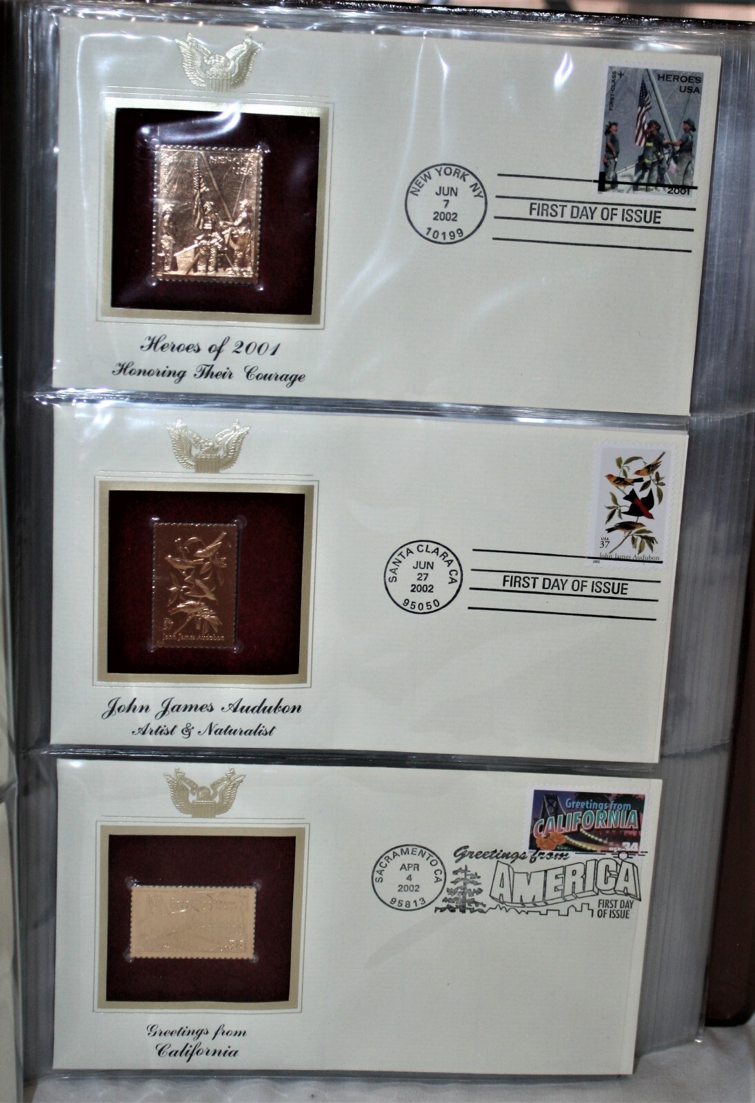 19 FIRST DAY ISSUE U.S. STAMPS 22kt GOLDEN REPLICAS BEARS FOREST WARHOL AIR MAIL