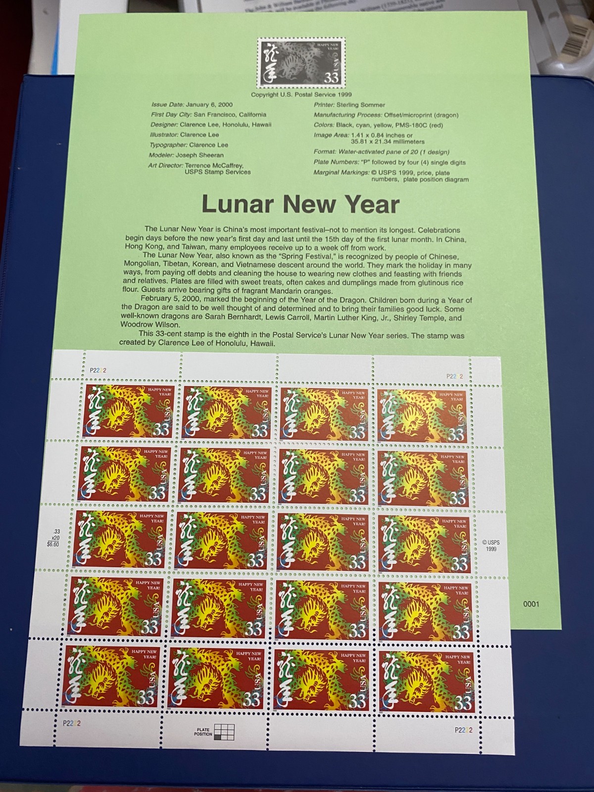 33c Scott #3370 Happy New Year sheet pane of 20 Year of the Dragon Chinese Lunar
