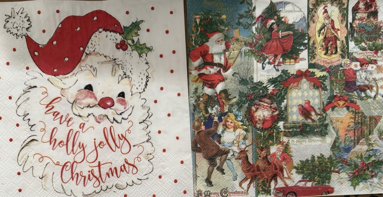 TWO Individual Paper LUNCHEON Decoupage Napkins Vintage SANTA & One Christmas