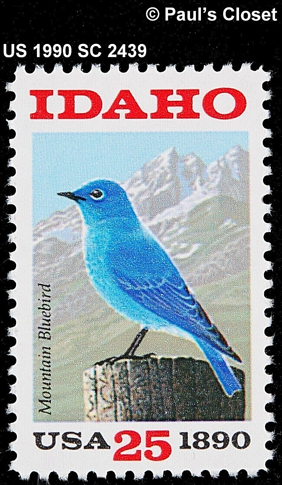 US 1990 SC 2439 IDAHO STATEHOOD MOUNTAIN BLUEBIRD 25¢ MNH ORIGINAL GUM VFINE