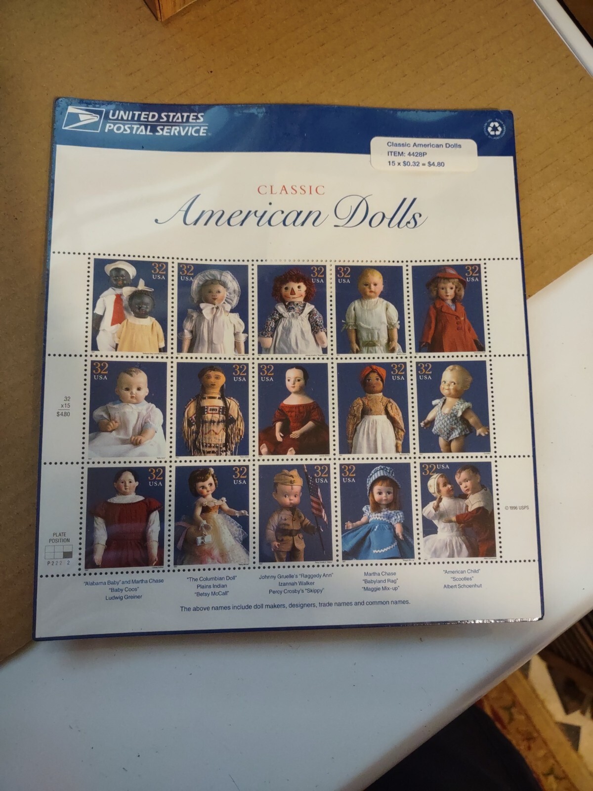 1996 USPS Classic American Dolls Sheet of 15 x .32c Stamps