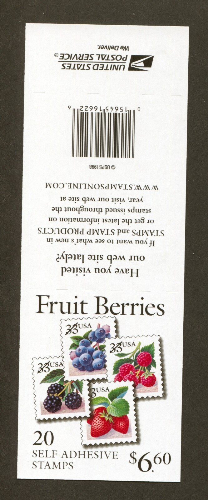 U.S. Scott# 3297b, 1999 Berries Issue, Booklet Pane of 20, 2022 SCV: $17.50
