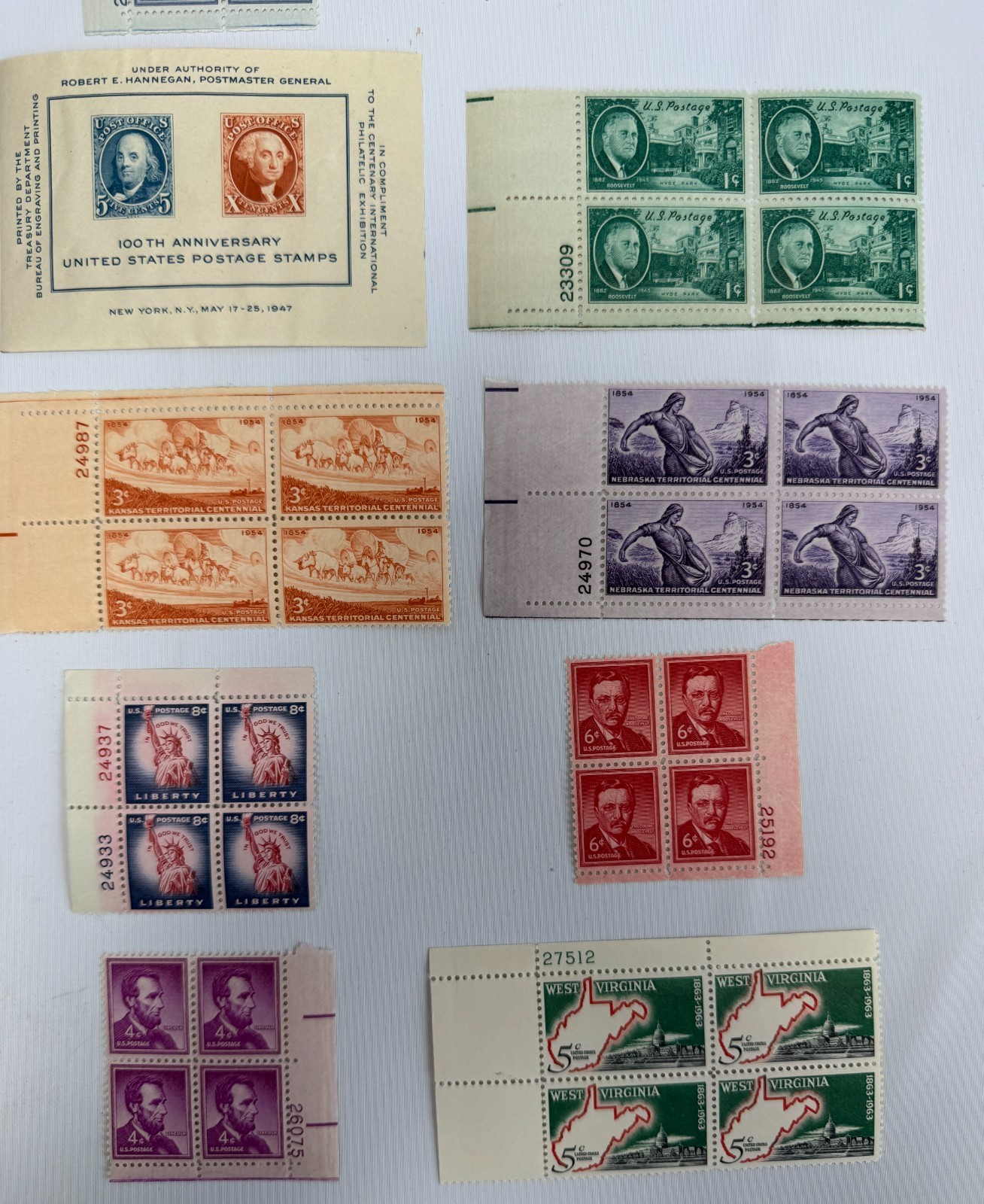 Vintage US Stamp Lot 13 Mint Plate Blocks 1947 CIPEX Souvenir Sheet MNH