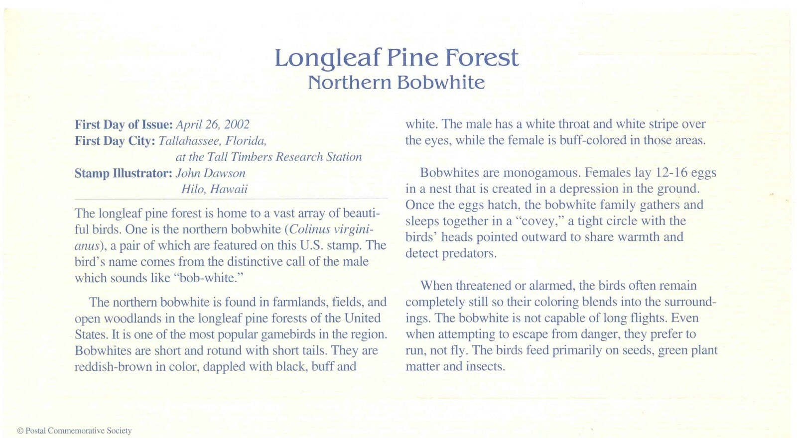 First Day Of Issue Apr 26 02 Tallahassee FL 22kt Gold Replica Northern Bobwhite