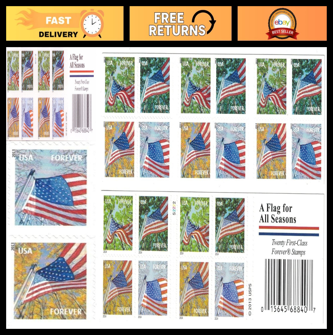 Self-Adhesive Forever Stamps Booklet of 20 – Flag Design, 2013 Collectible Posta