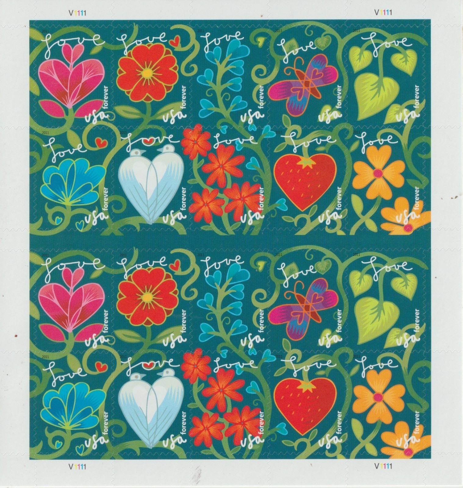 USPS GARDEN OF LOVE (2011) – Sheet of 20 Stamps Sent from OKC, OK