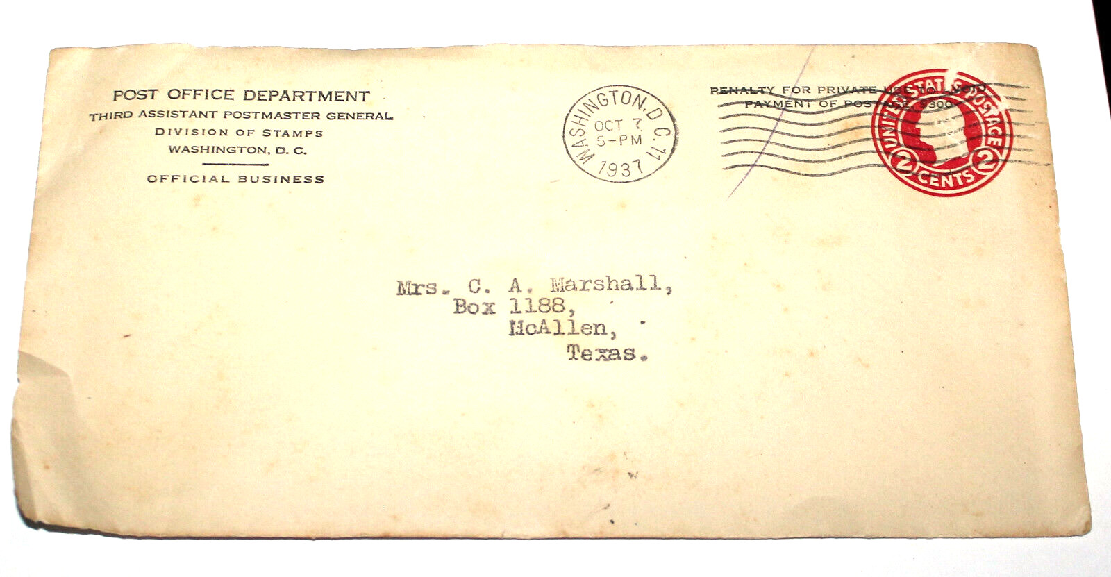 United States Postage 2 cent Stamped Envelope Post Office Department 1937