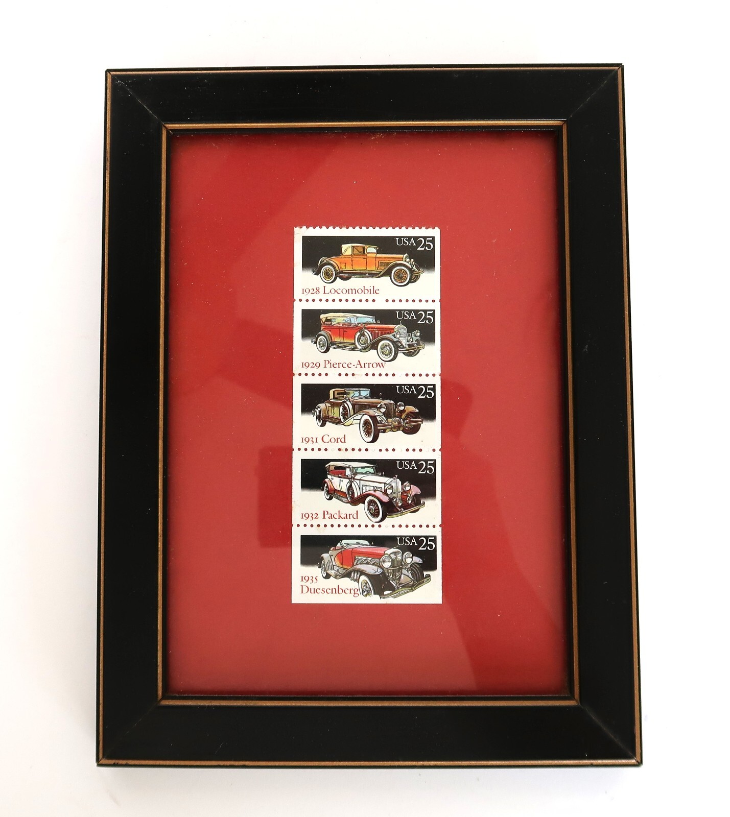 Vtg 5 Stamps Packard Cord Duesenberg Pierce Arrow Locomobile Unused Framed 1988