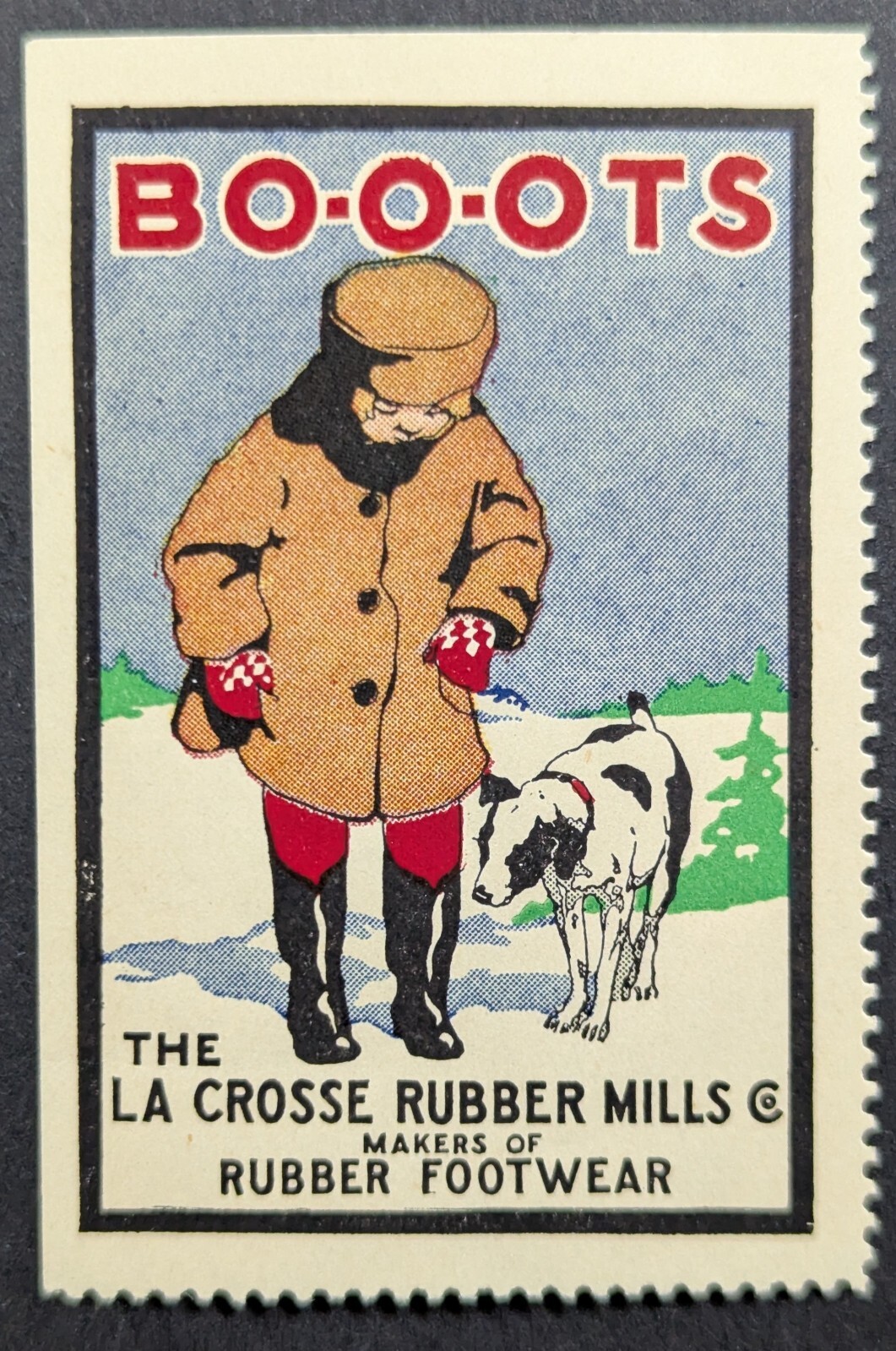 Vintage La Crosse Rubber Mills Co Boots Girl Dog Poster Stamp