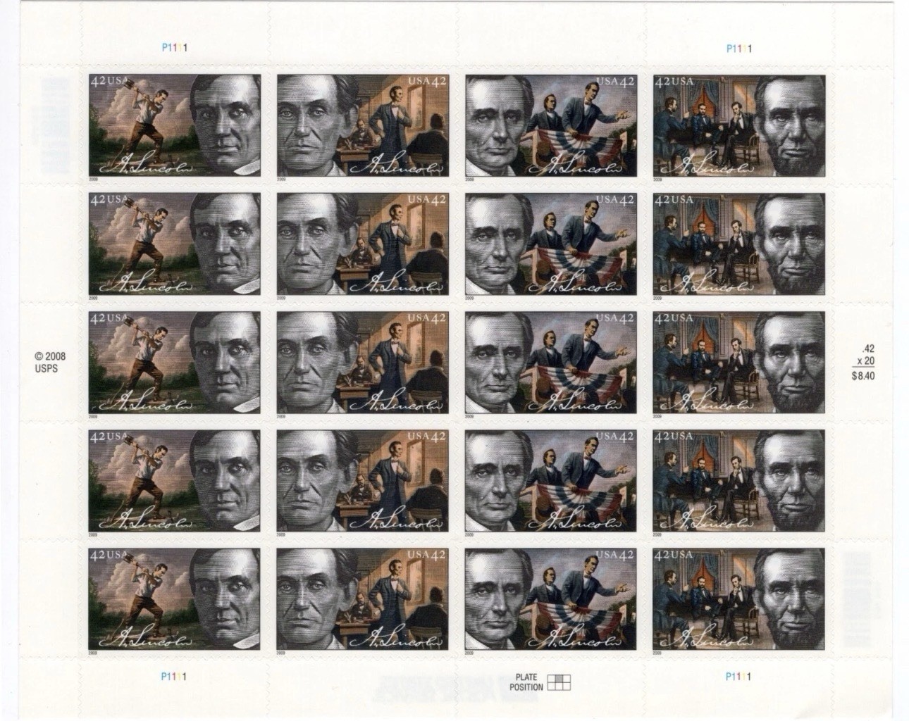 US 2009 SC 4380-4383 42c Abraham Lincoln – Sheet of 20 – MNH Fresh