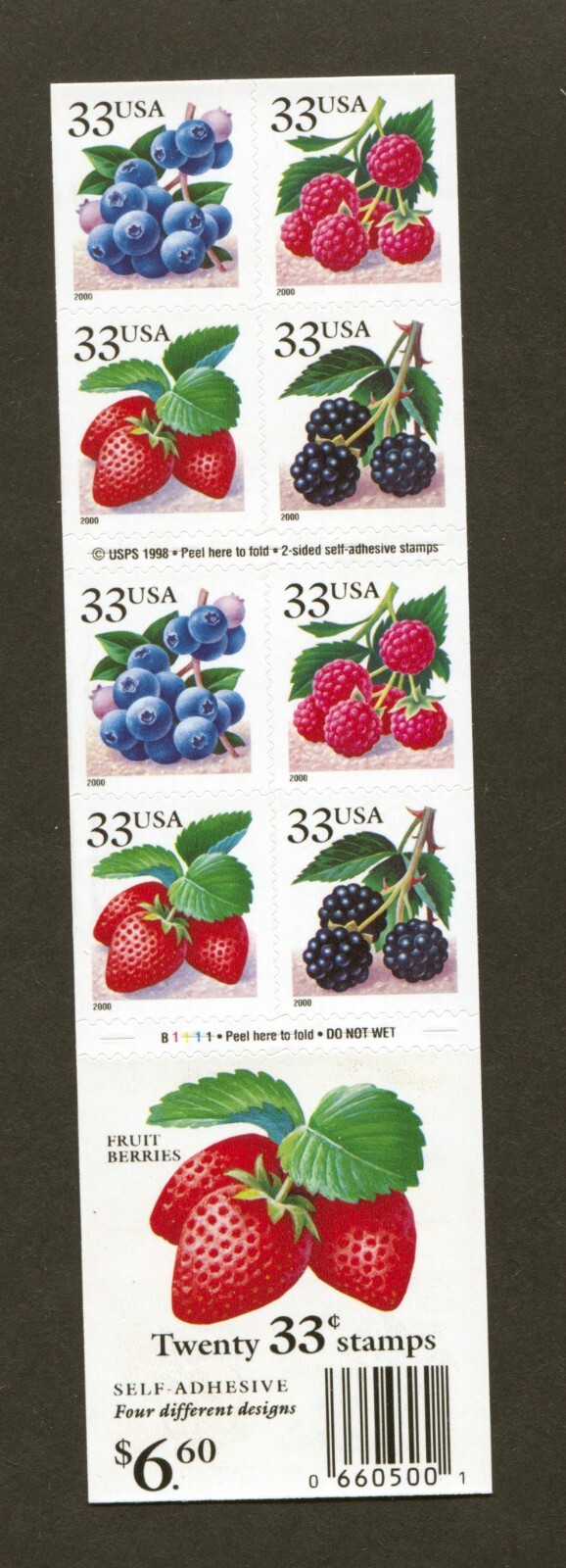 U.S. Scott# 3297d, 1999 Berries Issue, Booklet Pane of 20, 2022 SCV: $25.00