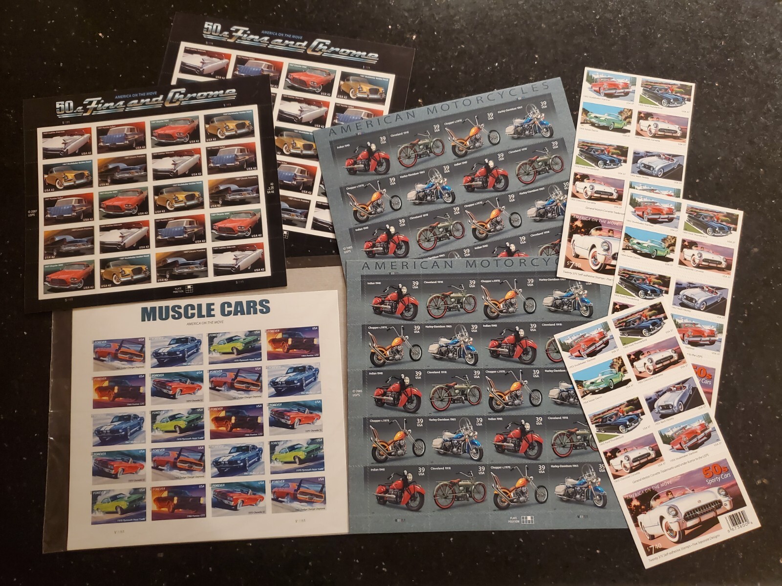 Lot of 8 Sheets Muscle Cars, 50s Fins, Motorcycles Postage Stamp MNH Full Sheets