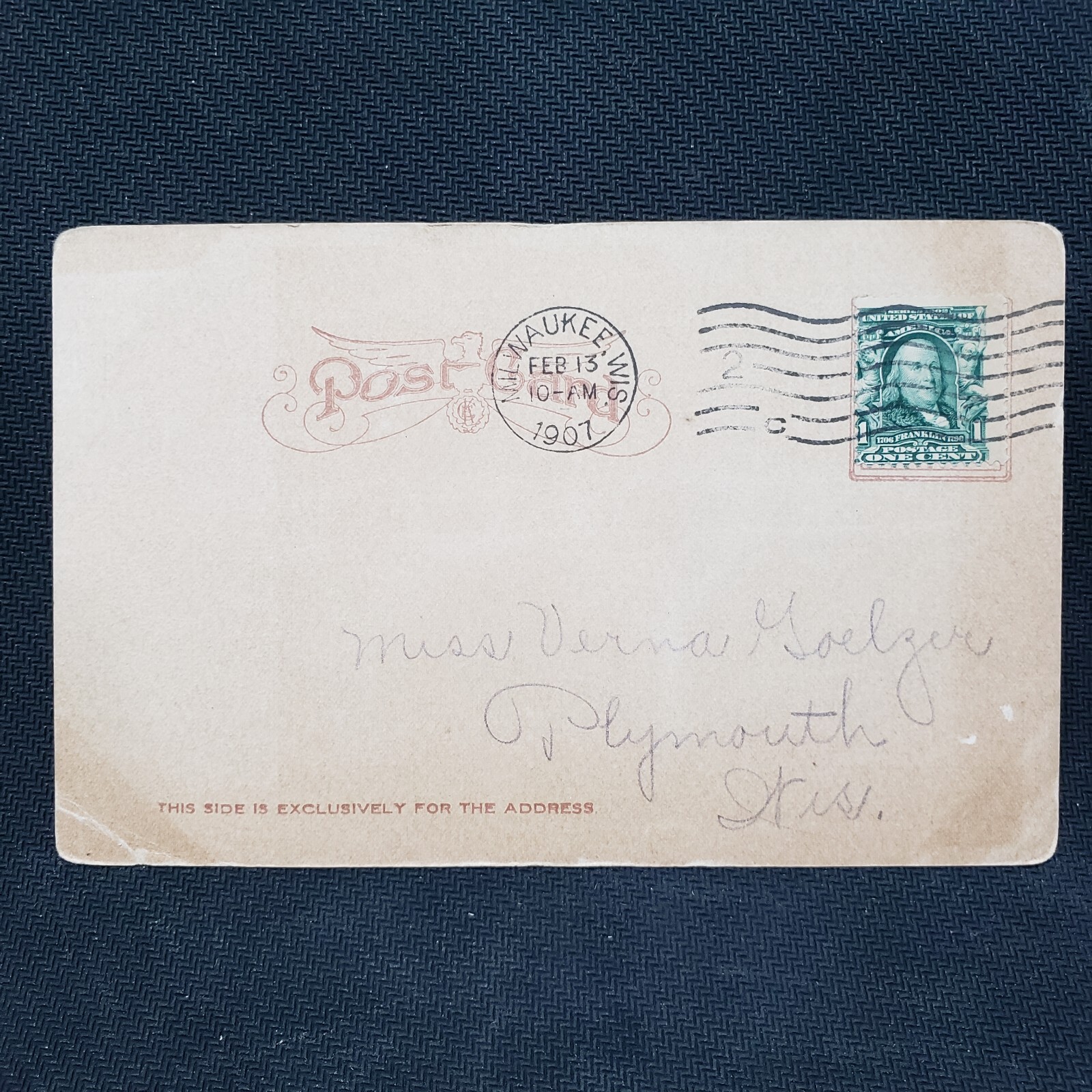 1907 – RUSTIC BRIDGE – 1 CENT STAMP – BENJAMIN FRANKLIN SERIES 1902 Postcard P95