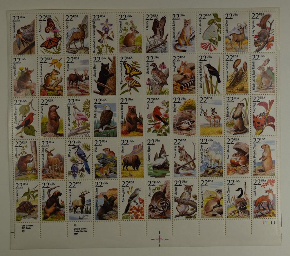 US SCOTT 2286 – 2335 SHEET OF 50 WILDLIFE STAMPS 22 CENT FACE MNH