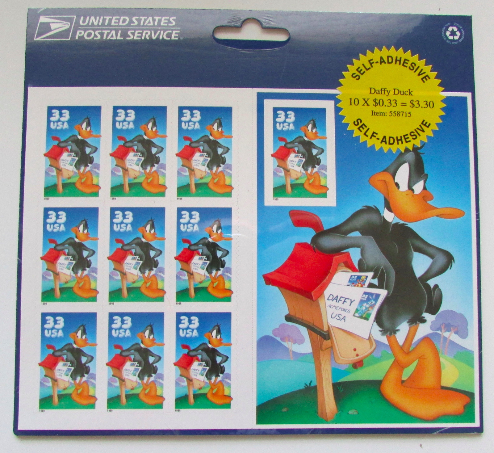 USPS Daffy Duck Complete Sheet 1999 33 Cent Stamps Set of 10