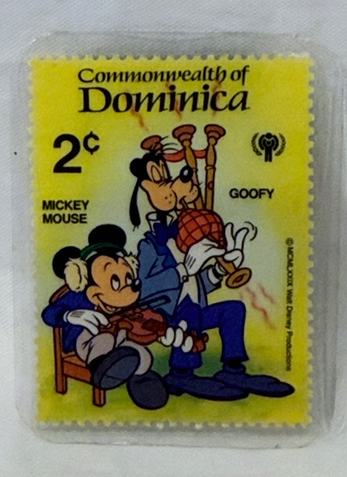 Vintage 1979 Disney Dominica 2 Cent Mickey & Goofy Stamp Laminated/Magnet