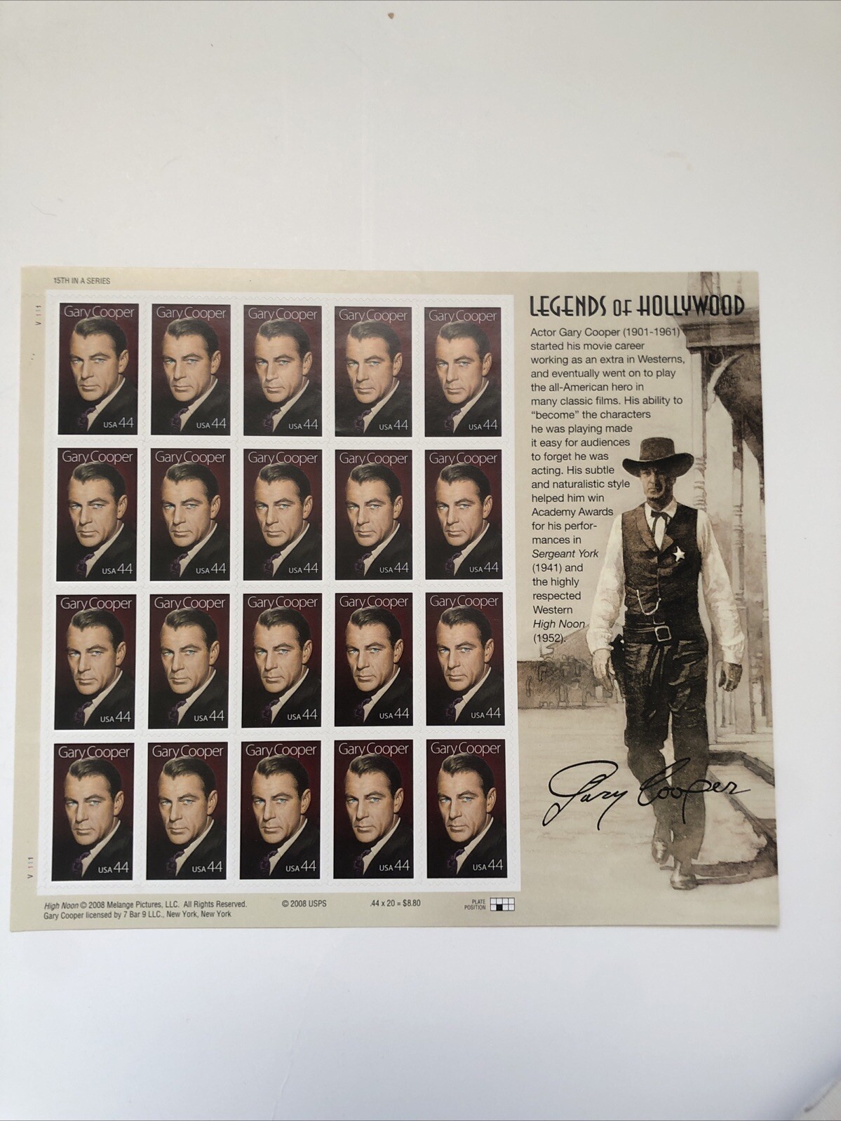 Legends of Hollywood Gary Cooper USA 44 Postal Stamps 2008 44c