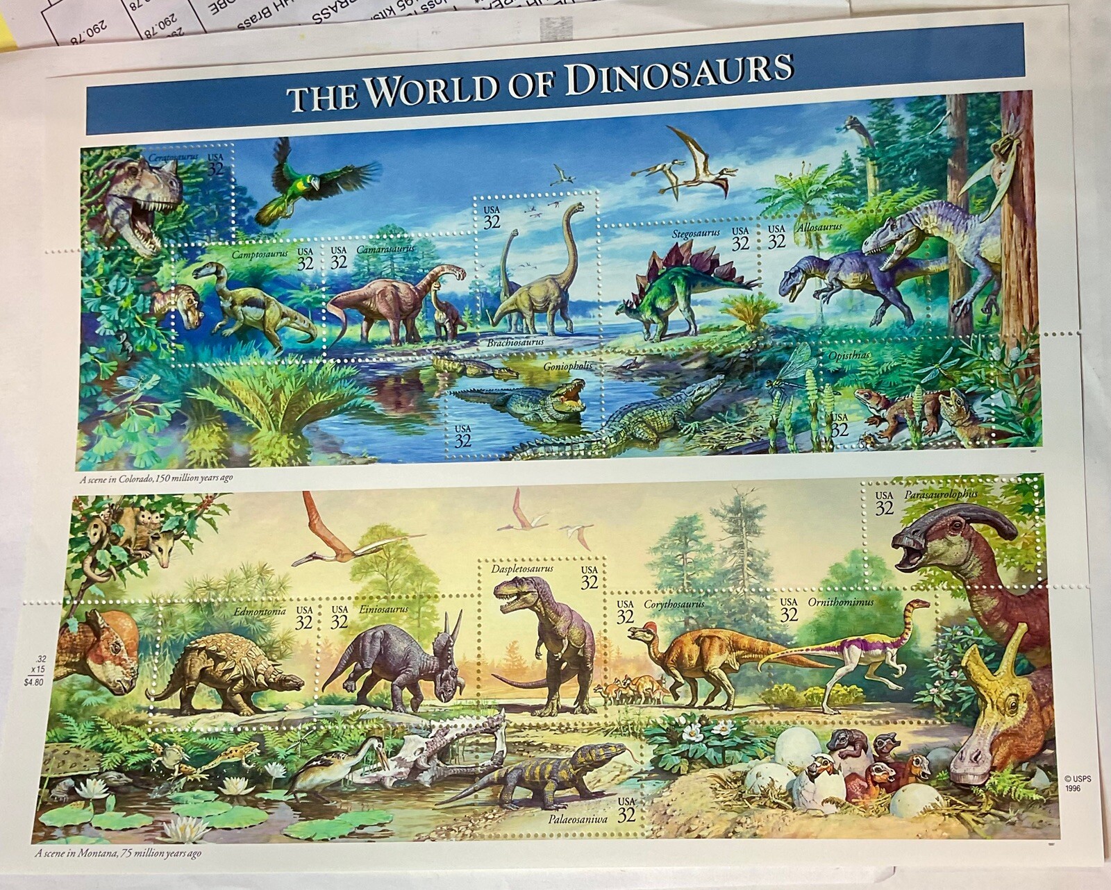 US Postage Stamps – The WORLD of DINOSAURS SHEET 32c 15 stamps MNH