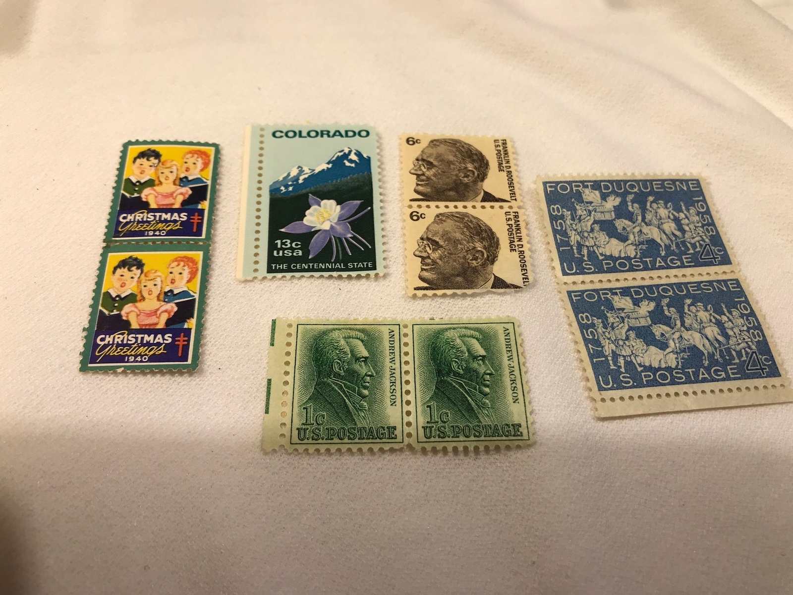 Vintage postage stamp collection, Colorado, Jackson, 1958 and 1940 Christmas