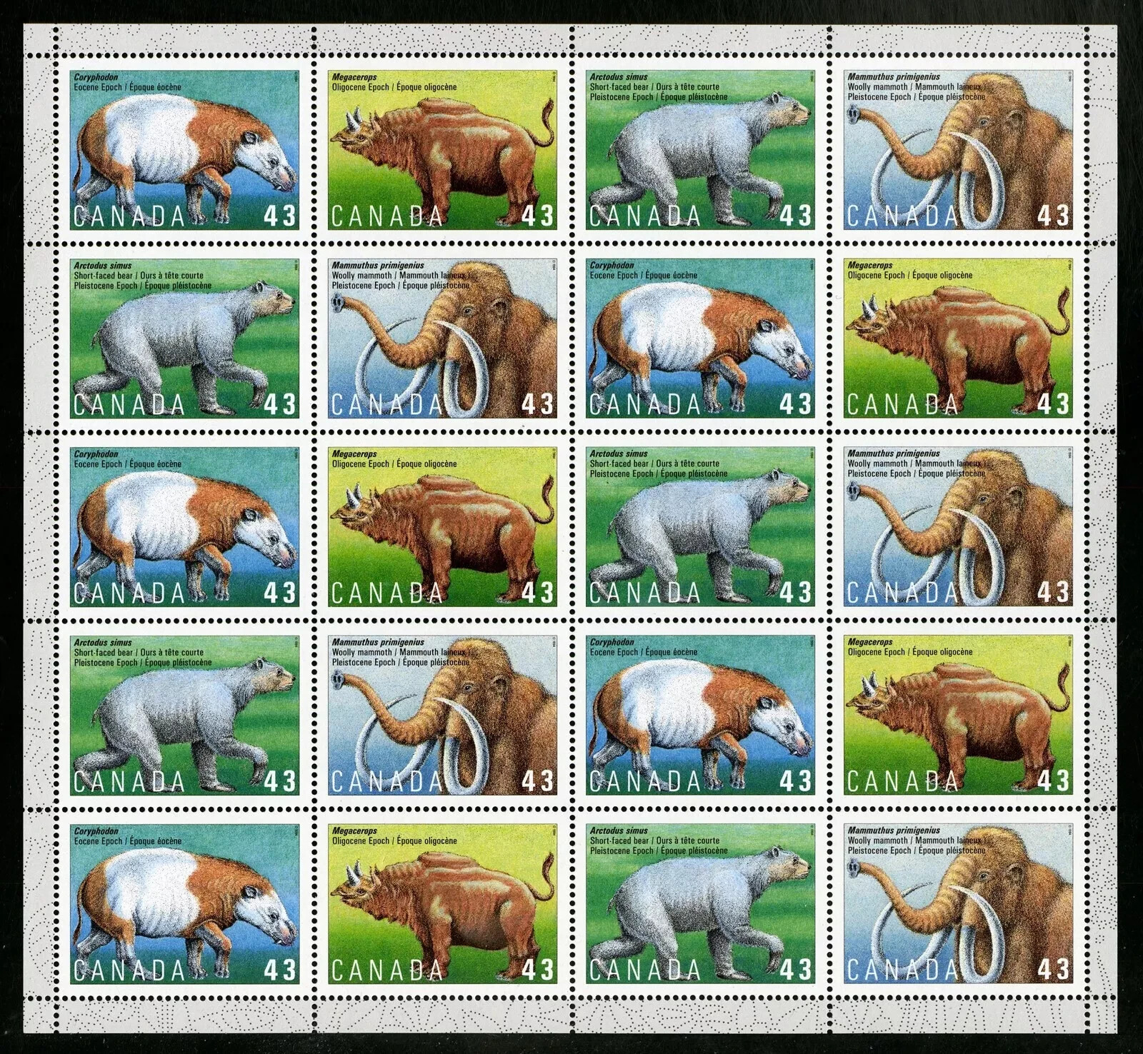 Canada -Full Pane of 20 – 1994, Prehistoric Life in Canada: Mamals #1529-32 MNH