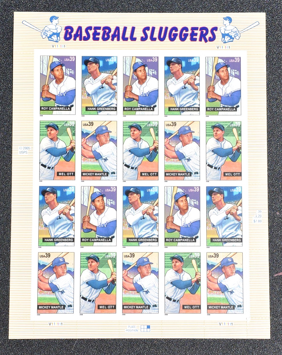 US Baseball Sluggers Full Sheet 20 stamps 39¢ Scott #4080-83, MNH, FV $7.80