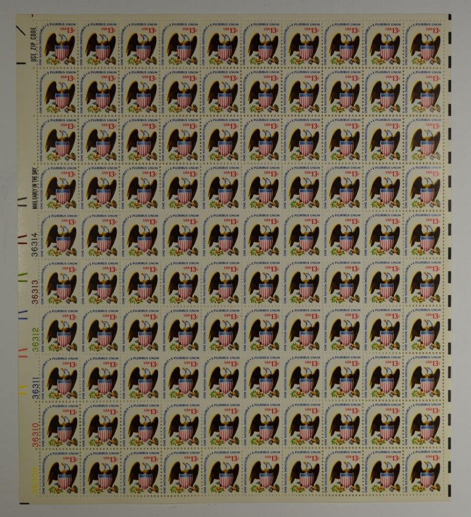 US SCOTT 1596 PANE OF 100 E PLURIBUS UNUM STAMPS 13 CENT FACE MNH