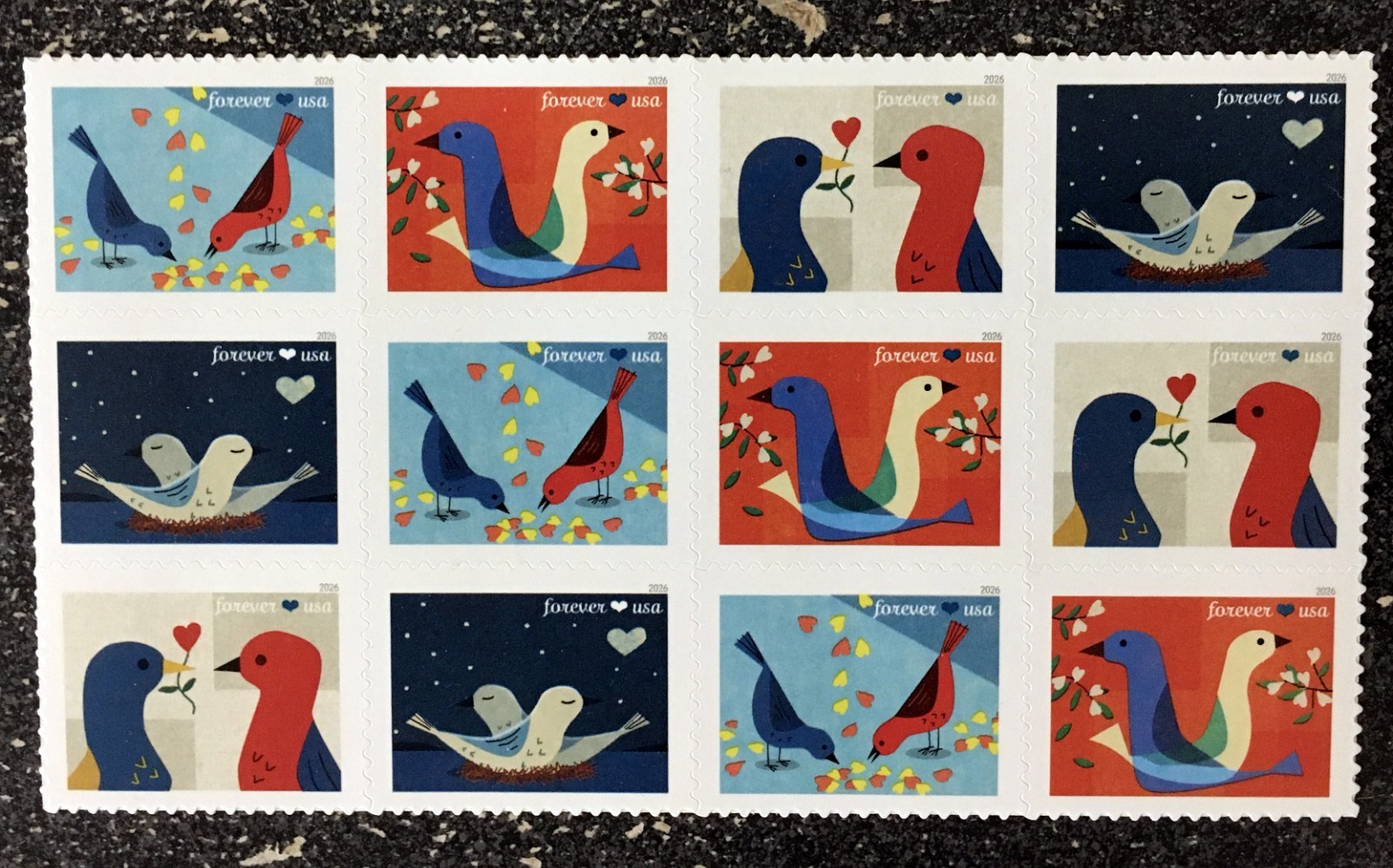 2026USA #6046-6049 Forever Love Series Birds – Block of 12 From Sheet Mint