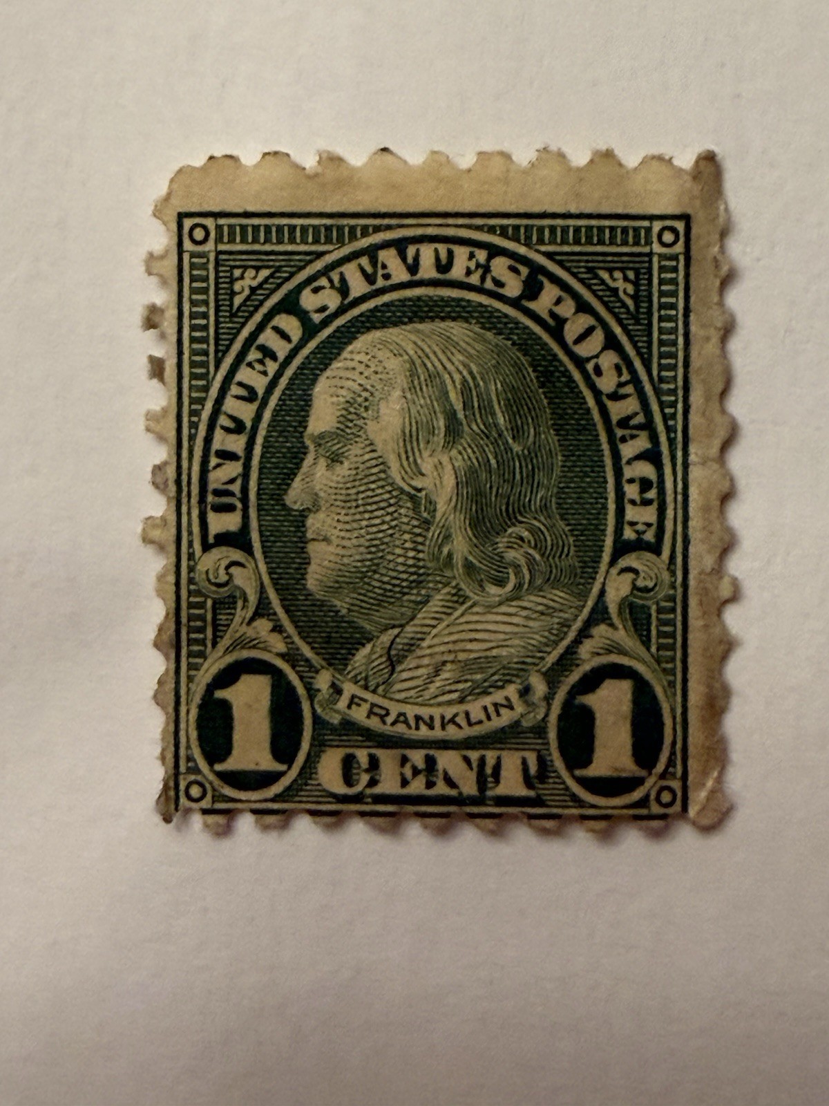 Benjamin Franklin 1 Cent, Low Perf Stamp Good Condition, Deep Green