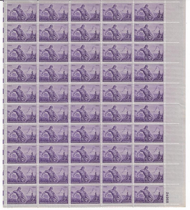 US SCOTT 1060 PANE OF 50 NEBRASKA STATEHOOD STAMPS 3 CENT FACE MNH