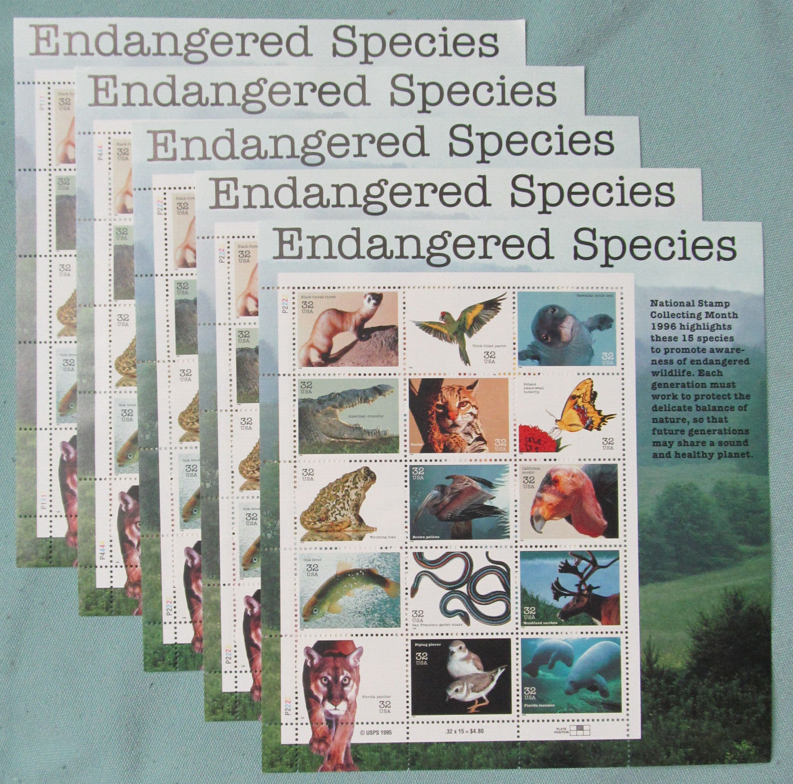 Five Souvenir Sheets x 15 = 75 Of ENDANGERED SPECIES 32¢ US Stamps USA Sc # 3105