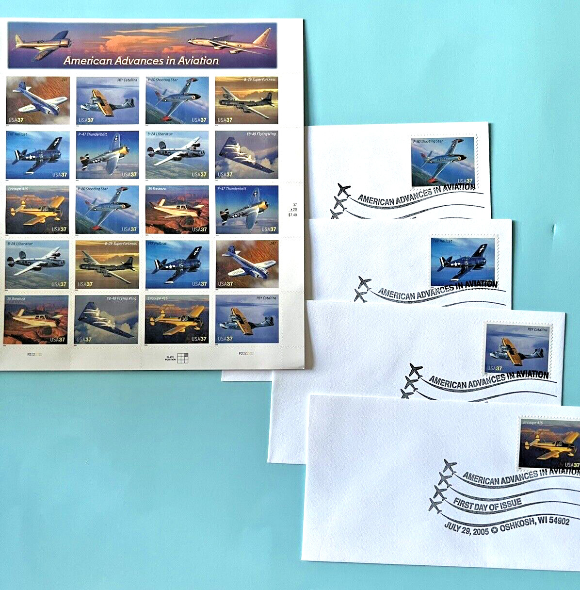 #3916-3925 American Advances in Aviation 37¢ – 4 Sheets x 20 = 80 Stamps FV29.60