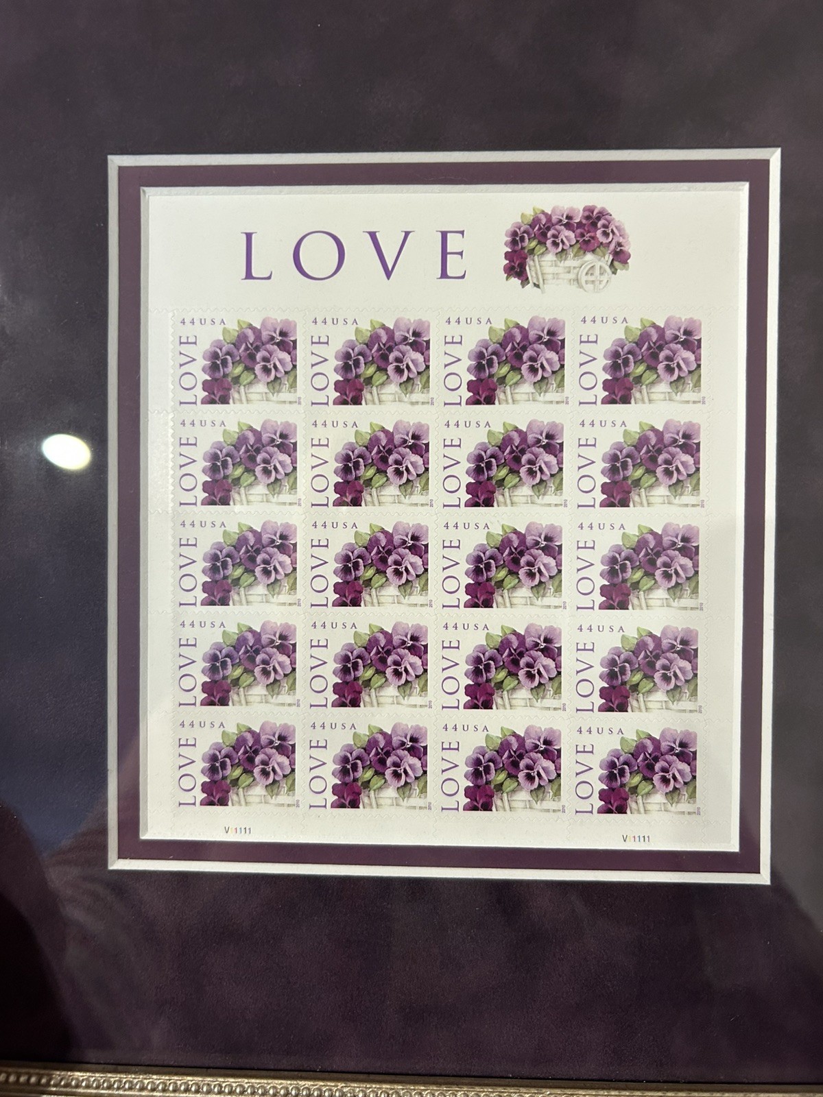 Professionally Framed 20 Love: “Pansies in a Basket” US Forever Postage Stamps
