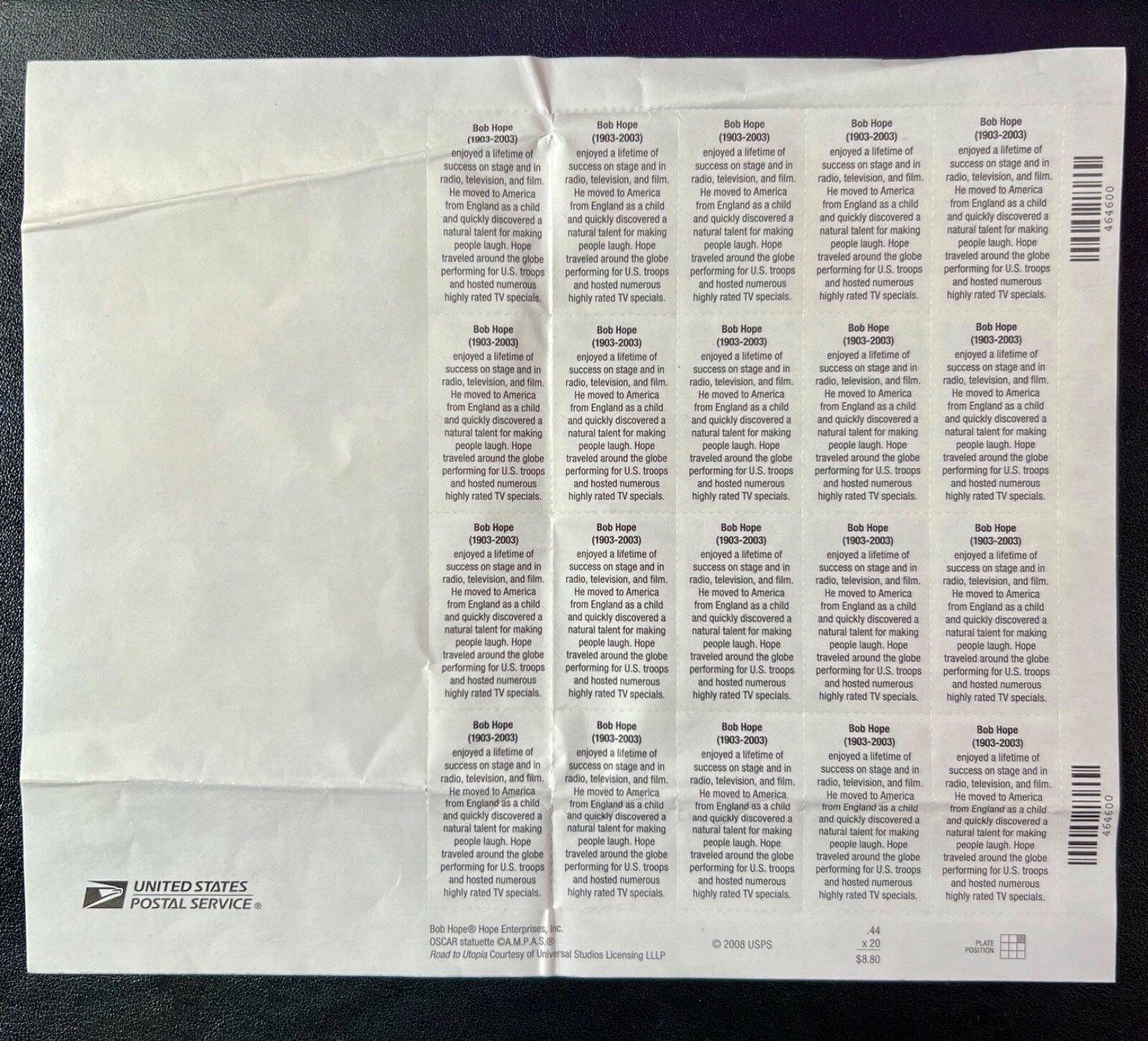 2009 USPS 44c Bob Hope Postage Stamp #4406 MNH Sheet of 20