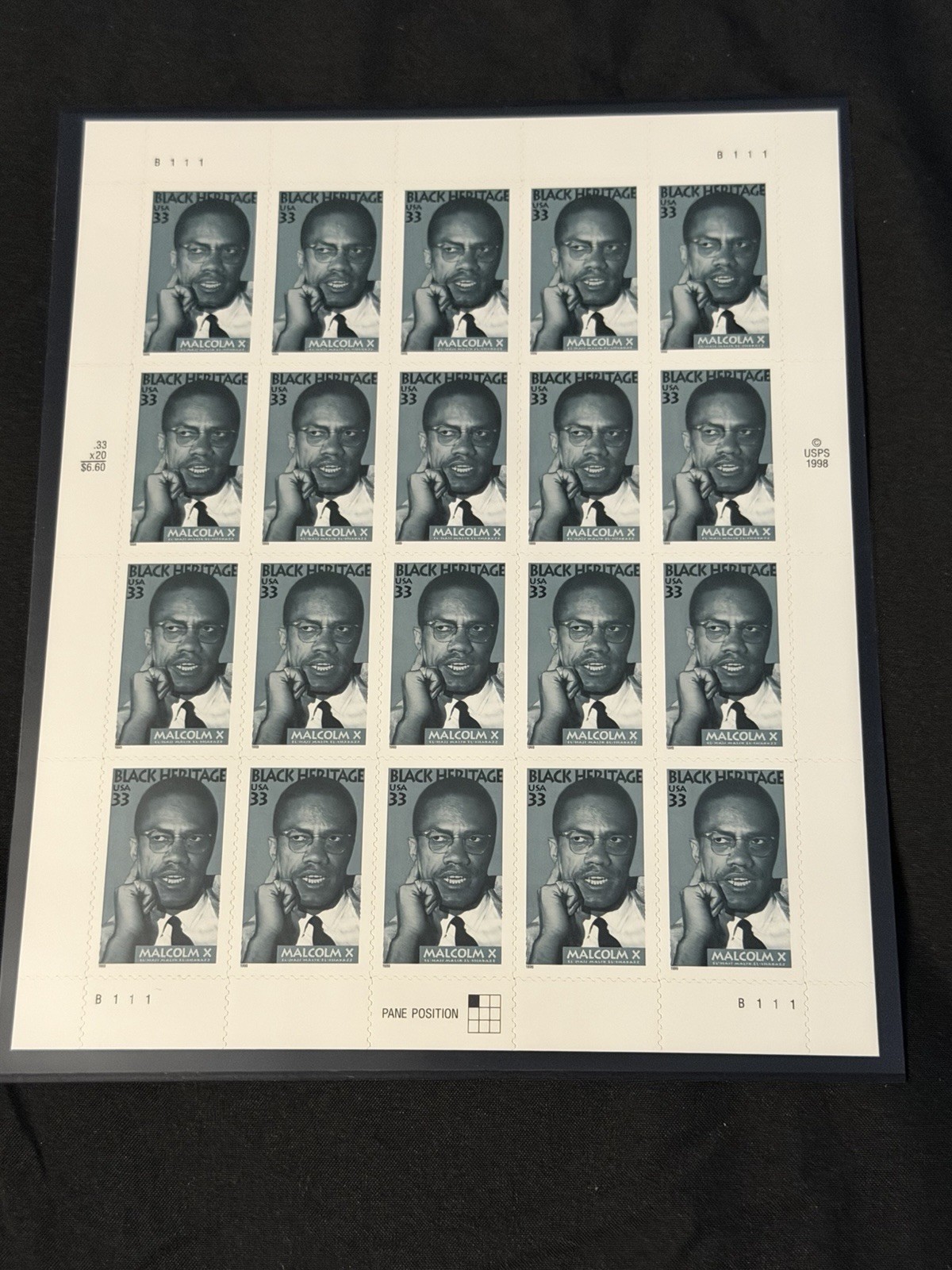 US 1999 SC 3273 33c Black Heritage Malcolm X, Activist Sheet of 20 MNH