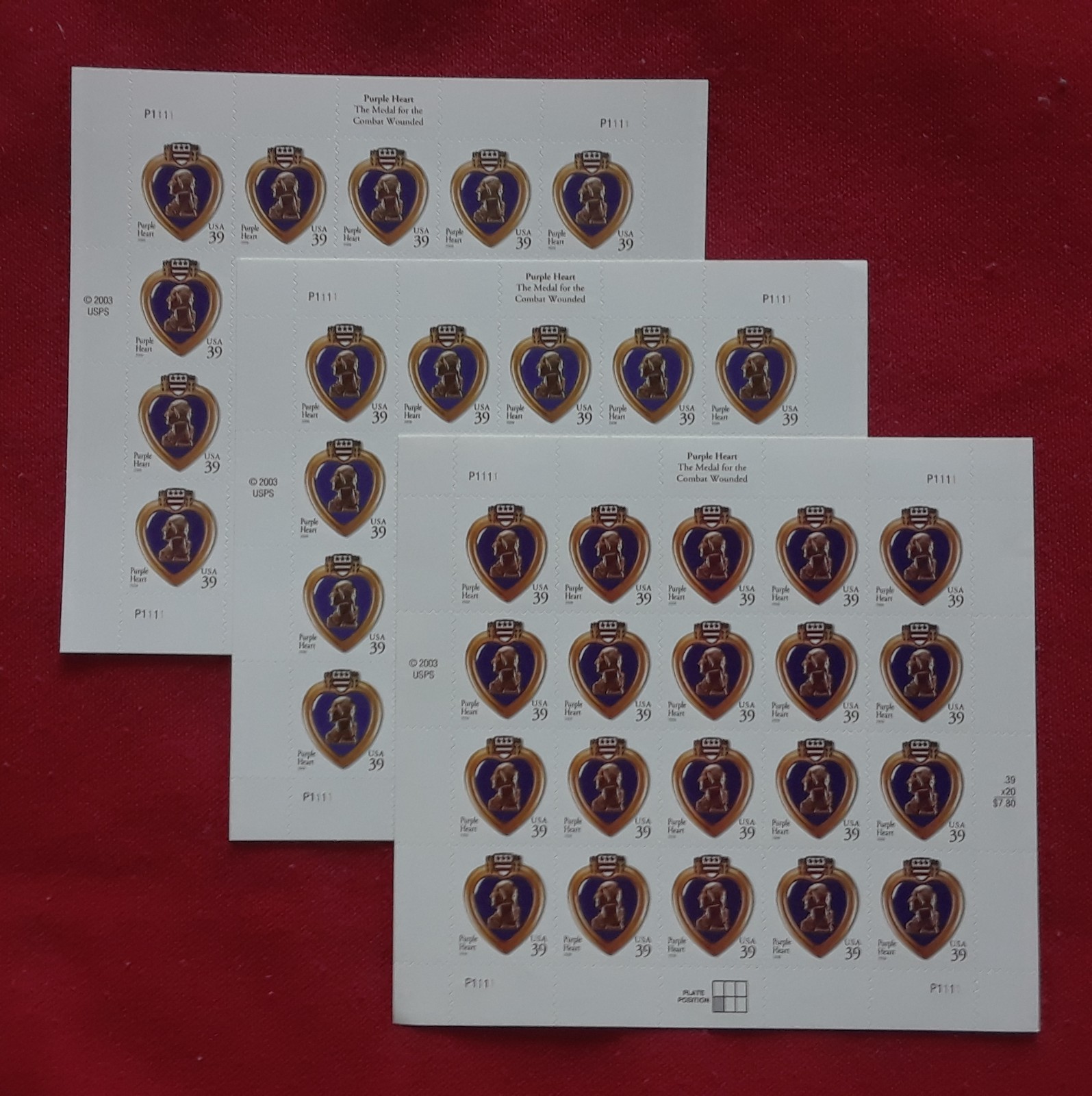 Three Sheets x 20 = 60 of Purple Hearts 39¢ US Postage Stamps USA #4032