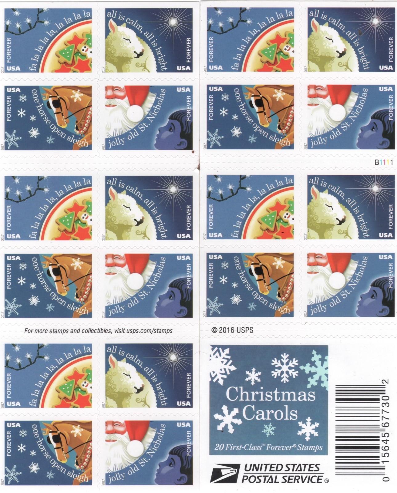 USPS Sheet of 20 ADHESIVE CHRISTMAS CAROLS STAMPS 1 ounce rate from OK