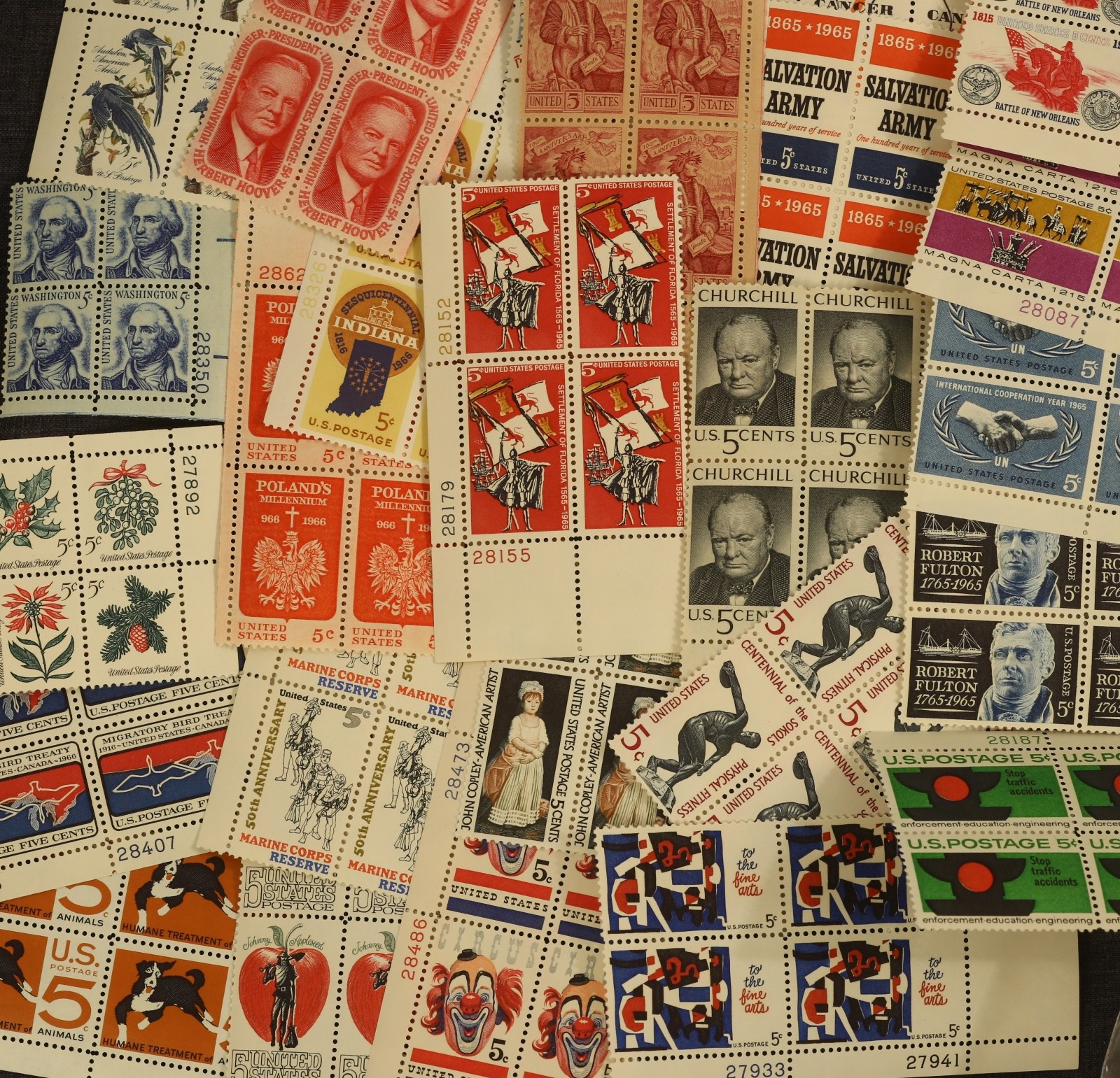 unused 25 plate blocks 100 stamps 3¢, 4¢, 5¢, 6¢, 8¢ US postage