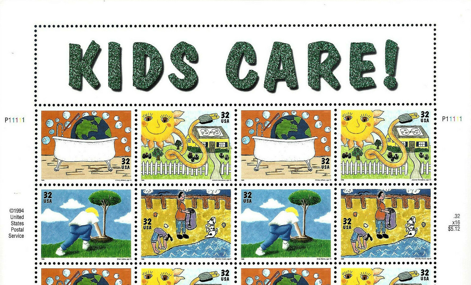 2951 2952 2953 2954 Kids Care Earth Day 16 Postage Stamps Sheet 32¢ Solar Power