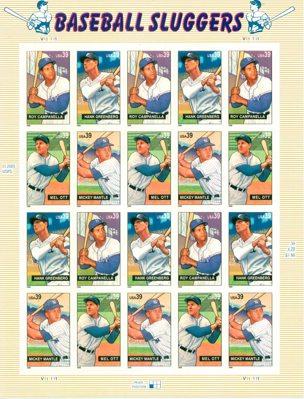 2005 Baseball Sluggers Stamps Sheet Of 20 39c Stamps MNH