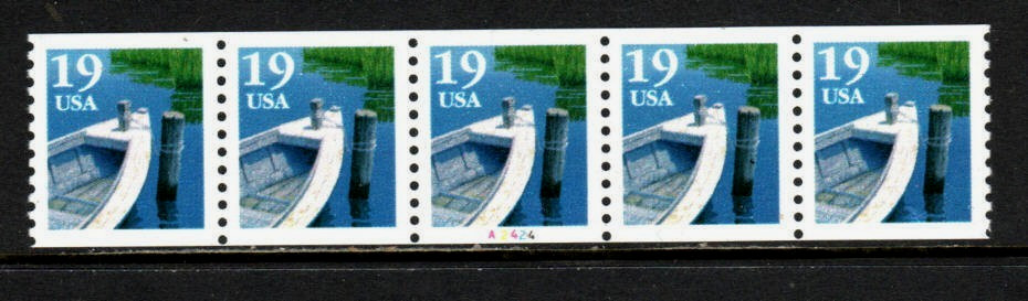 US Stamps – 19¢ Fishing Boat Plate #A2424 Coil Strip of 5 MNH stamps – SC#2529