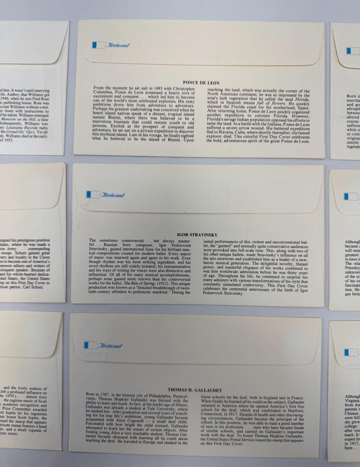 9 Fleetwood First Day Covers 1982 to 1993 Famous Americans, Music, Literature