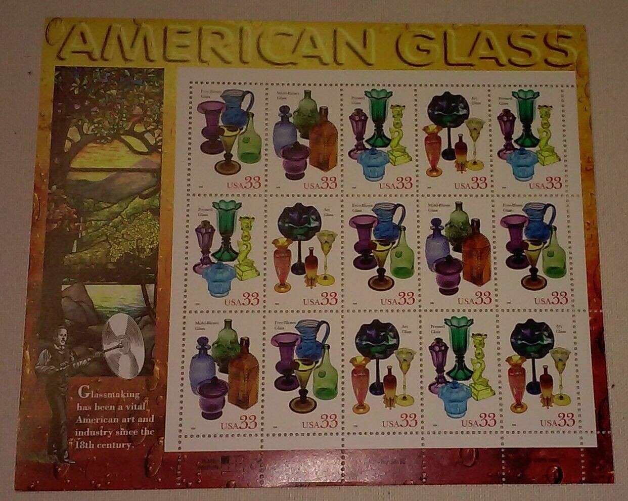 Four Souvenir Sheets x 15 = 60 of AMERICAN GLASS 33¢ US Stamps USA Sc# 3325-3328
