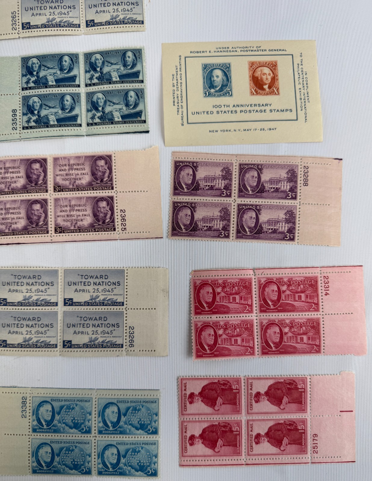 13 Mint US Plate Blocks and Souvenir Sheet Collection 1945-1949 Roosevelt
