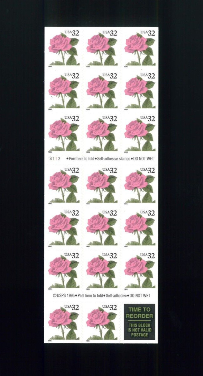 United States 32¢ Pink Rose Postage Stamp #2492 Booklet Pane