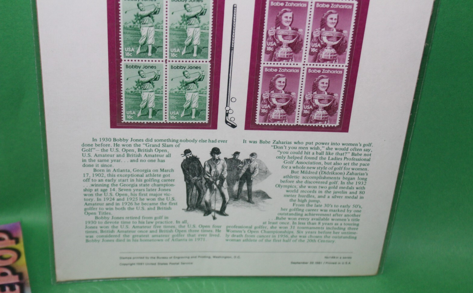 American Commemoratives Bobby Jones Babe Zaharias USPS Stamps 149 Sept. 22, 1981