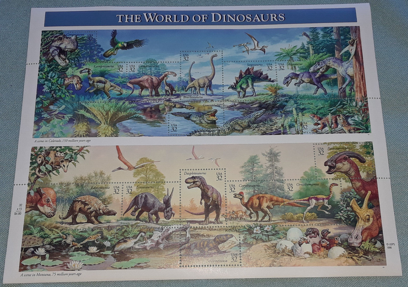 Five Sheets x 15 = 75 THE WORLD OF DINOSAURS 32¢ US Postage Stamps USA Sc # 3136